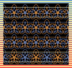 Blue Orange wire star flowers and a rainbow line through their loops. border seamless vector collection.