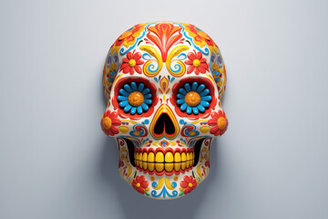 3d illustration of skull with floral ornament on white background. Sugar Skull (Calavera) celebrating Mexico's Day of the Dead (Dia de Los Muertos) colorful floral illustration