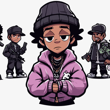 boondocks style cartoon gangster rapper with urban style bubble coat clipart vector white background