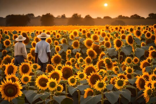 A picturesque field of sunflowers at sunrise, with farmers using handheld sickles to harvest the radiant flowers during the golden hour. --ar