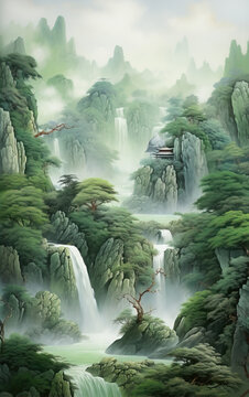 Chinese style landscape painting,created with Generative AI tecnology.