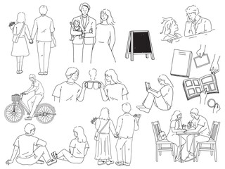 人物の線画のイラスト(カップル、デート、子供、高校生、幸せ、赤ちゃん、家族)