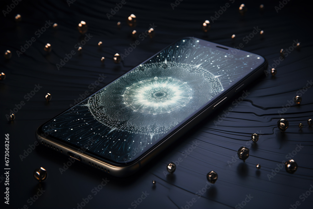 Sticker abstract light spots lines and mobile phone,created with generative ai tecnology.