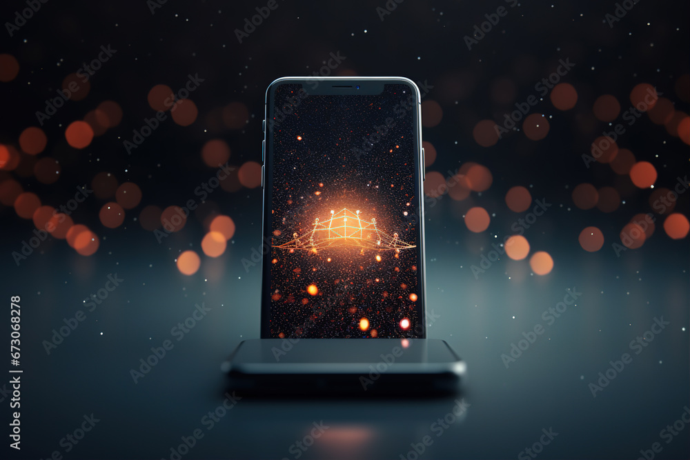 Poster abstract light spots lines and mobile phone,created with generative ai tecnology.
