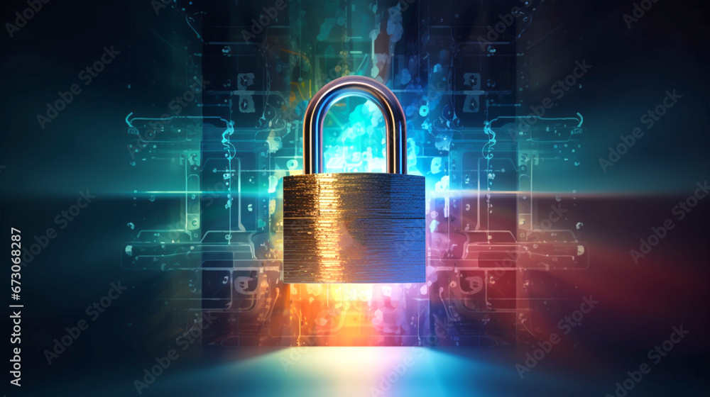 Aufkleber digital cybersecurity, internet security. screen with padlock, network protection. future technology