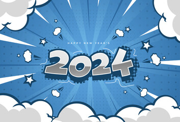 comic background . color gradient vintage . blue. zoom effect. could effect. halftone. happy new year 2024. modern. vector - obrazy, fototapety, plakaty