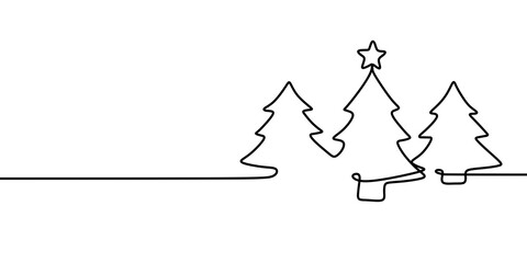 One line christmas tree on a white background. 