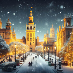La Giralda de Sevilla nevada, decoración e iluminación de Navidad