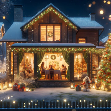Postal Navideña, familia comiendo por Navidad, en casa decorada e iluminada de Navidad