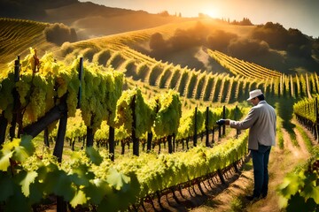 A picturesque vineyard on a hillside, with a winemaker examining clusters of grapes, checking for ripeness and quality during the harvest. --ar