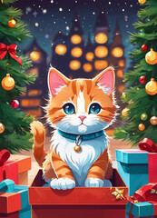 Cute Cartoon Christmas Kitty Cat Illustration Greetings Card