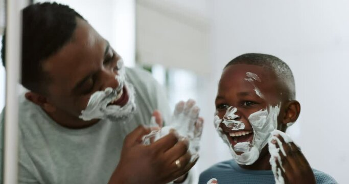 Skincare, cream and father with child in bathroom for shaving, beauty routine and wellness. Black family, happy and dad and kid with shave foam or soap for facial, bonding and quality time at home