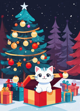 Cute Cartoon Christmas Kitty Cat Illustration Greetings Card