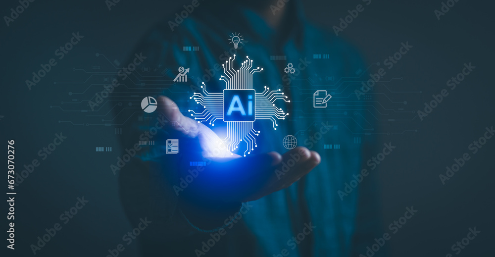 Aufkleber businessman shows ai technology with virtual screen, global internet connect chat with ai , concept 