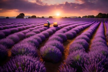 A serene field of lavender at sunset, with workers collecting the fragrant, purple blossoms using...