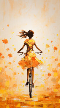 girl on a bike hand-drawn illustration with paints, generative ai, postcard	