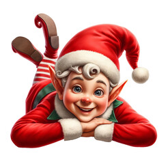 A cute Christmas Elf laying on a flat surface isolated on a transparent background - obrazy, fototapety, plakaty