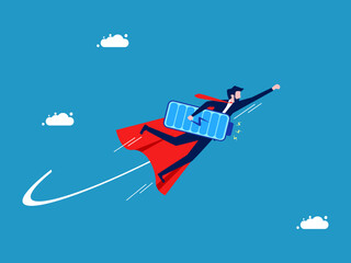 Businessman hero takes to the sky with full power. Vector illustration