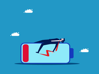There is little power left to work. Businessman lying on low battery vector