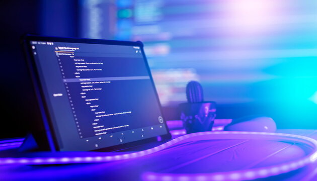 Abstract computer script code. Programming code screen of software developer. Software Programming Work Time.