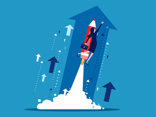 Continuously develop. Businesswoman and rocket pencil soaring in the sky with growth arrows. Vector