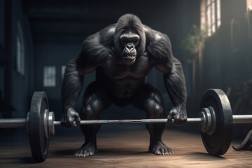 Gorilla man with gym barbell. Sport art strong animal training. Generate Ai - obrazy, fototapety, plakaty