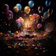 Kartka urodzinowa, tort, balony z życzeniami. Ai generative - obrazy, fototapety, plakaty