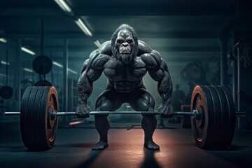 Gorilla man with gym barbell training. Sport extreme ape male exercise. Generate Ai - obrazy, fototapety, plakaty