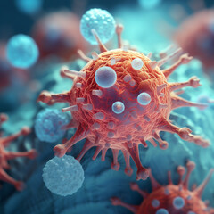 Wirus atakujący komórki. Mikroskop. Ai generative - obrazy, fototapety, plakaty