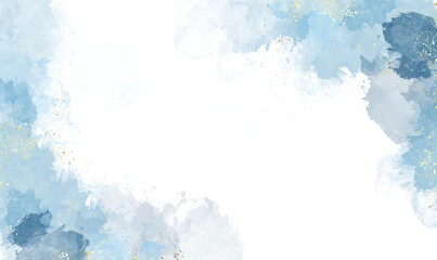Abstract watercolor or alcohol ink art blue background with golden crackers. Pastel blue marble drawing effect. llustration design template for wedding invitation,decoration, banner, background. Png	

