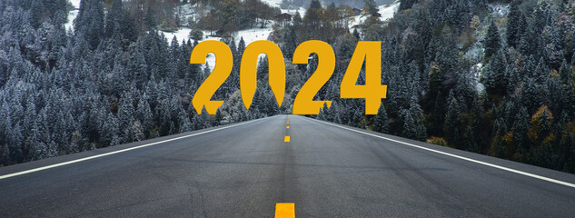 Go to the New Year 2024 concept. Happy New Year greeting card 2024, Yellow 2024 letters on the highway road in the destination empty asphalt road through the pine forest.