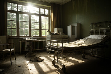 病院の廃墟に残る病室跡