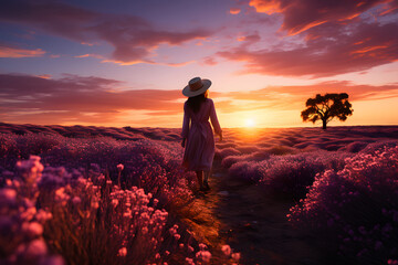 Obraz premium Person walking through the lavender field.