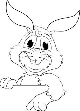 An Easter bunny rabbit cartoon character peeking around a sign