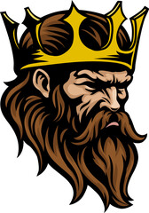 A king head, tough looking medieval warrior face, man wearing a gold crown mascot