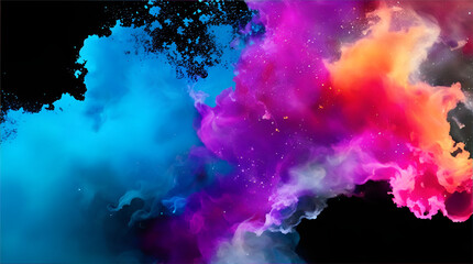 Splash of color paint. This image is a close-up of a colorful cloud of smoke on a black background. The smoke is made up of a variety of colors. The smoke is swirling and moving
