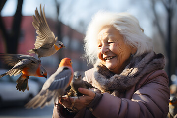 Elderly woman feeding group of birds in the park. - obrazy, fototapety, plakaty