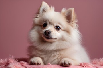 Obraz premium Spitz dog, pensive look, back pink monochrome background