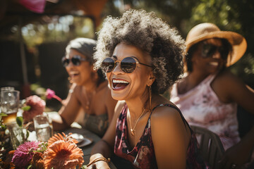 Senior woman shared a laugh with friends at a picnic.