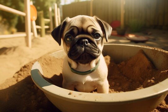 Pug puppy in sandbox at sunny day. Doggy domestic cute animal. Generate Ai
