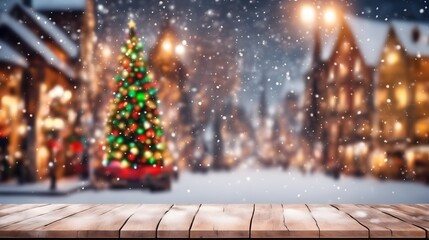Fototapeta na wymiar empty wooden tabletop with blurry Christmas holidays joyful town view and snowfall background