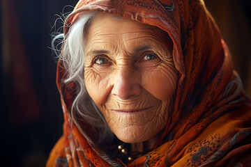 Smiling Arab elderly woman. Veiled Muslim woman. Old person. AI. - obrazy, fototapety, plakaty