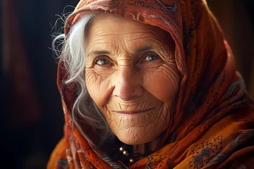 Fotobehang Smiling Arab elderly woman. Veiled Muslim woman. Old person. AI. © My Beautiful Picture