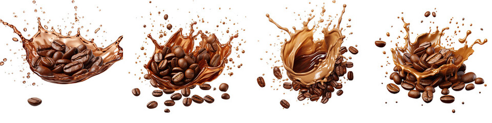 Coffee splash with coffee_beans  Hyperrealistic Highly Detailed Isolated On Transparent Background...