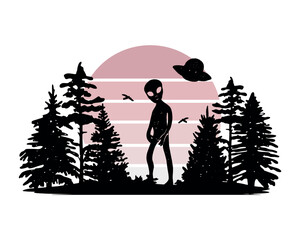 alien silhouette and forest vector
