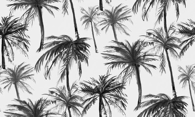 Seamless watercolor pattern with palm trees and leopard