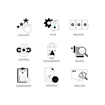 Modern Flat line Icon Set in Concept of Business with word Evaluate,Plan,Process,Control,Risk Management,Review,Assessment,Strategy,Analysis, Editable Stroke.