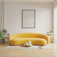 Poster frame mockup in scandinavian style living room interior with yellow on empty white wall © Vanitjan