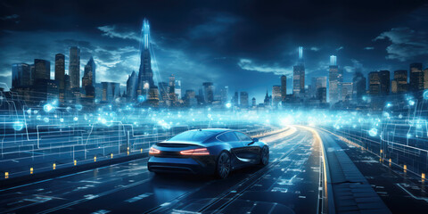 Electric vehicle driving at modern urban city night on highway concept, future car software technology, automated self-driving in futuristic, autonomous sensor software, skyscrapers in background.