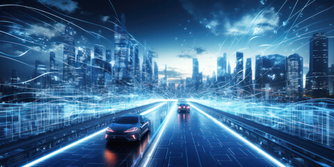 Electric vehicle driving at modern urban city night on highway, skyscrapers in background, automated self-driving in futuristic, future car software technology, autonomous sensor software.